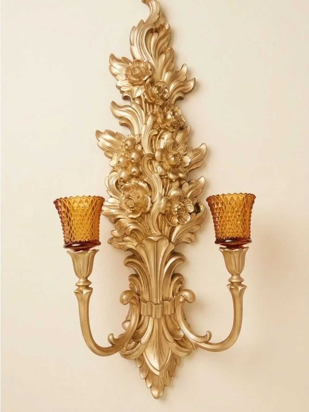 Rare vintage SYOROCO  Rococo floral, wall,+ scones four Amber glass votive cups